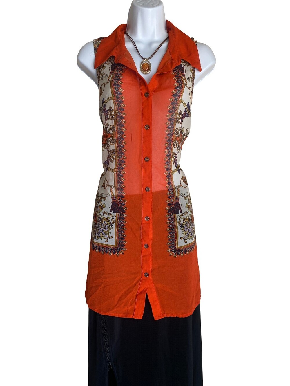 VTG Forever 21 Plus 2X Orange Boho Paisley Button Up Tunic Blouse Festival Artsy